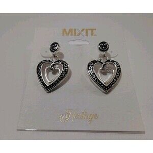 NWT MIXIT Silver Tone & Black Dangle Heart Earrings